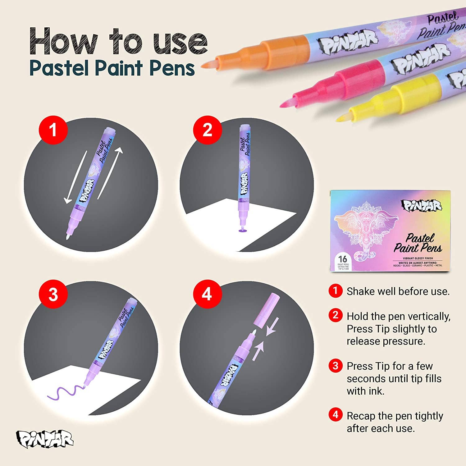 Pintar Glossy Acrylic Pastel Paint Pens -  16 Pastel Colors
