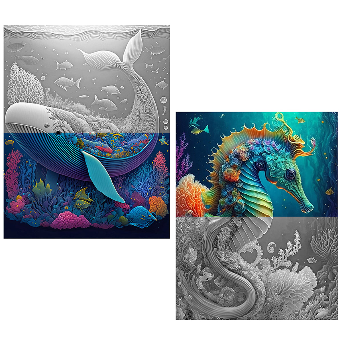 Great2bColorful - 16" x 20" Advanced Grayscale Coloring Sheets, 2 Pack Set - "Fantastical Sea Creatures"