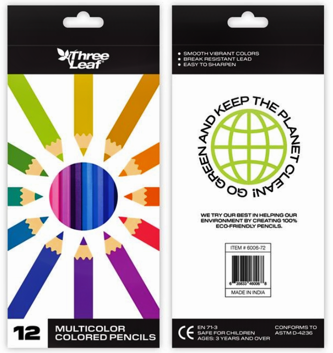 Three Leaf Eco- Friendly Art Colored Pencils, 12 Pieces, Assorted