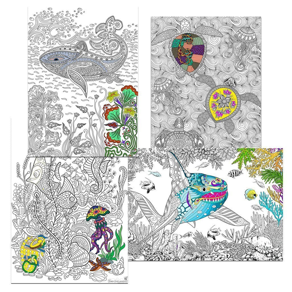 Great2bColorful - 24" x 16" Big Blue Sea Huge Coloring Posters, 4-Pack